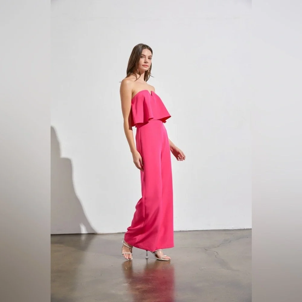 Strapless Ruffle Wide-Leg Jumpsuit - Hot Pink - Picture 3 of 5